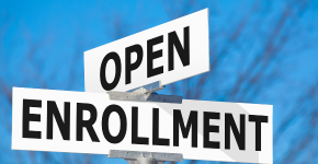 black and white street signs crossed; top sign says OPEN, bottom sign says ENROLLMENT